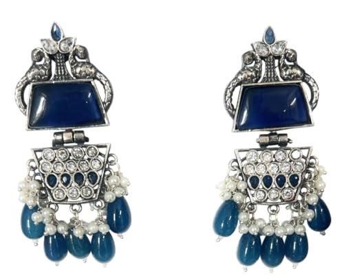 Image of Elegant Monalisa Stone Silver Replica Earrings with Blue Accents - Perfect for Heavy Party Wear