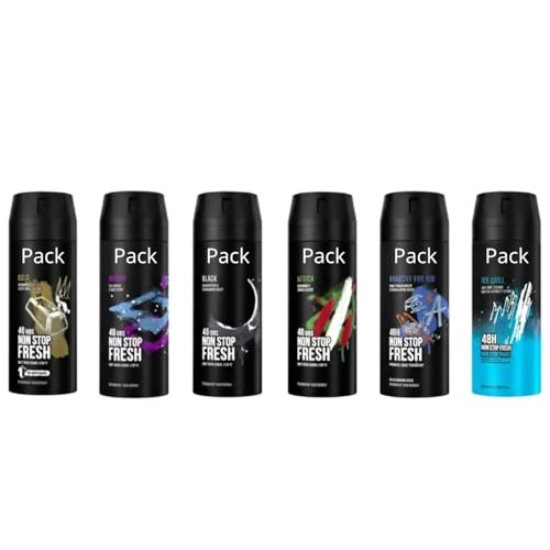 AXEE Desodorante Spray Men Pack Variado 6 unidades (6 x 150 ml) Protección 48 horas. Gold, Marine, Black, Africa, Anarchy, Ice Chill