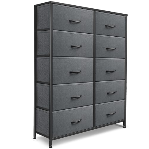 Image of Sonharlar Dresser for Bedroom with 10 Drawers, Chest of Drawers, Storage Drawers Organizer Unit, Grey Wide Fabric Dresser with Fabric Bins for Closet, Living Room, Entryway (Grey and Charcoal Black)