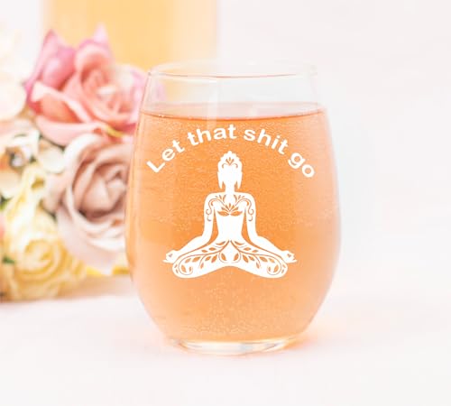 C M Buddha Engraved Stemless Wine Glass - 1 Piece - Let That Sh*t Go Funny Yoga Stemless Wine Glass, 17 oz - Gift for Him or Her - Funny Yoga Gift for Women and Men