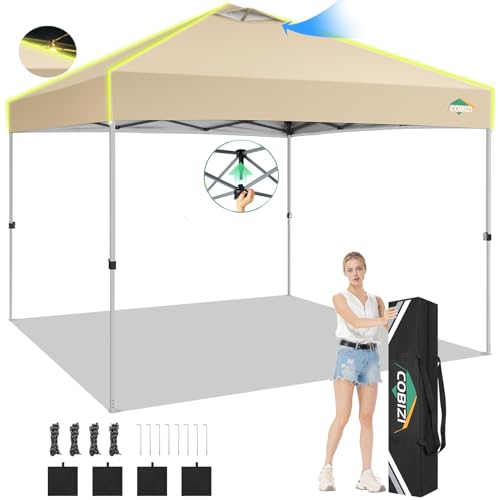 COBIZI-10x10-Pop-Up-Canopy-Tent-with-One-Push-Setup-Glow-Outdoor-Ez-Up-Gazebo-Waterproof-UPF50-with-3-Adjustable-Height-Air-Vent-4-Sandbags8-Stakes-Carrying-Bag-for-Party-BeachKhaki COBIZI 10×10 Pop Up Canopy Tent with One Push Setup Glow Outdoor Ez Up Gazebo Waterproof UPF50 with 3 Adjustable Height Air Vent 4 Sandbags8 Stakes Carrying Bag for Party BeachKhaki