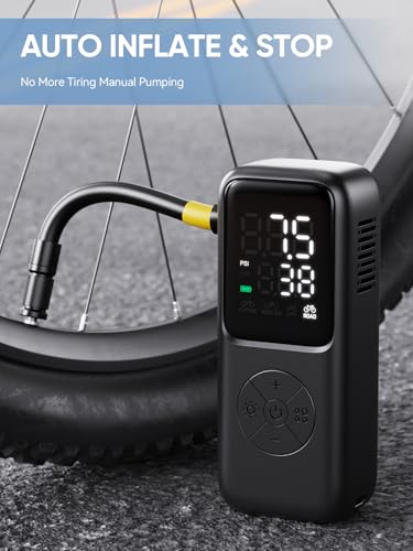 Image of GPUTEK Mini Electric Bike Pump,120 PSI Bike Pump Portable with Guage Auto Stop, Bicycle Pump with Presta and Schrader, Bike Tire Pump Valve for Road Bicycle, Mountain Bike, E-Bike,Sports Ball