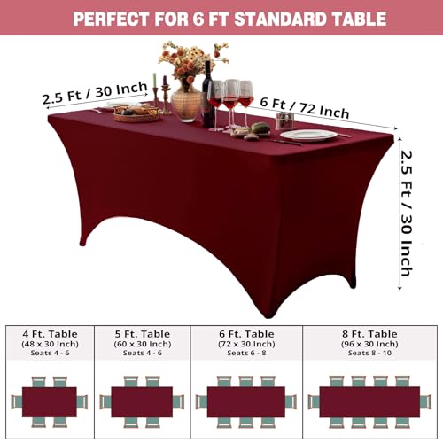 Image of FOLINS&HOME 2 Pack Burgundy 6ft Fitted Spandex Water Resistant Tablecloth | Washable Elastic Rectangle Table Cover for 6 Foot Folding Tables, Stretch Table Cloth for Weddings, Banquets, Parties (2 Pcs)