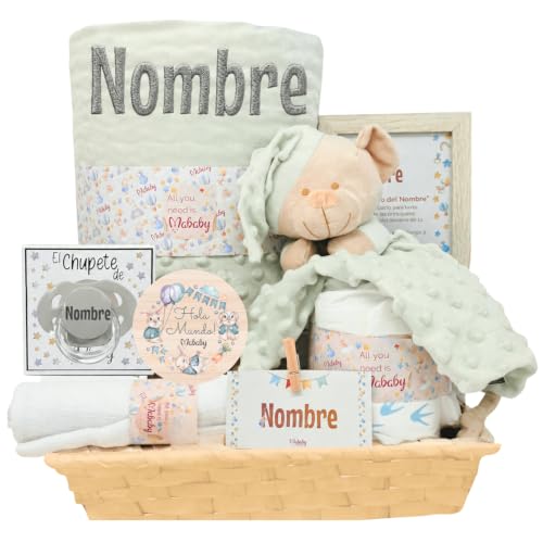 Mababyshop Menta - Cesta De Bebé Personalizada Con Manta Burbujas Bordada, Dou Dou De Apego Y Chupete Personalizado - Regalo Ideal Para Recién Nacidos