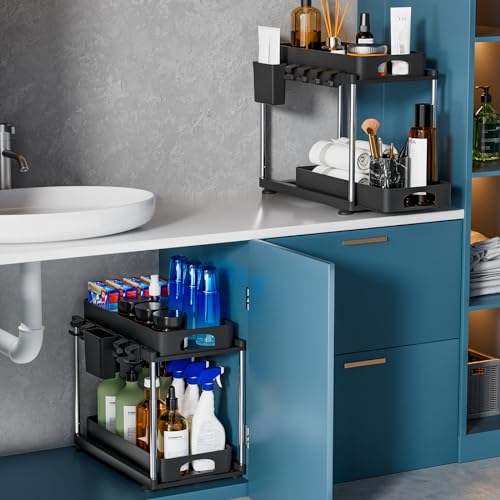 VERIFOST 2 Pack Under Sink Organizer, 2 Tier Under Sink Organizers and Storage for Kitchen Bathroom, Height Adjustable Cabinet Organizer with Two Slide-Out Drawers,Black by VERIFOST - Used condition - Image 7