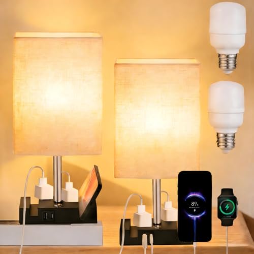 Consejos para Comprar Lamparas de mesa los 5 mejores. 44 2 PCS Lámparas de Mesa y Buró con Bombilla, Lámpara de Mesita Control Táctil, Lámpara de Mesita de Noche Brillo de 3 Niveles, con 2 Salidas de CA y 2 Puertos USB (A+C),para...