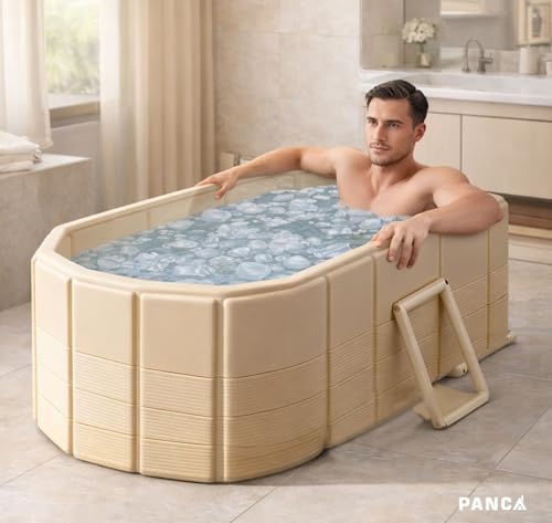 Image of PANCA Portable Bath Tub for Adults | Foldable SPA Bathtub with Drainage Hole, Thick Insulated Design for Hot & Cold Water (Beige Rectangular)