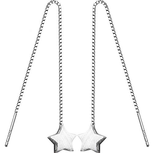 Thumby S925 Línea de Oreja de Plata Personalidad de Moda Cepillada Estrella de Cinco Puntas Línea de Oreja Larga Estrella Femenina Pendientes, Plata 925 d