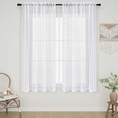 White Semi Sheer Curtains 63 Inch Length 2 Panels for Bedroom White Textured Curtains with Pom Pom Farmhouse Boho Curtains Shabby Chic Girls Kids Baby Nursery Cute Curtains Window Drapes W52xL63