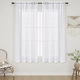 White Semi Sheer Curtains 63 Inch Length 2 Panels for Bedroom White Textured Curtains with Pom Pom F