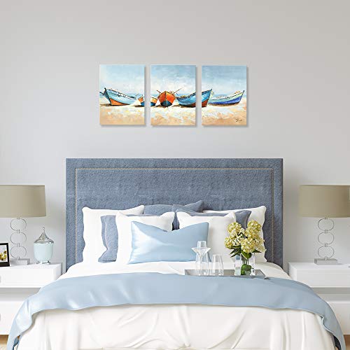 B BLINGBLING Boat Canvas Wall Art: Colorful Wooden Fishing Boat on The Sand Beach Bathroom Picture Wall Decor Framed and Ready to Hang (12"x16"x3 Panels) - Image 7