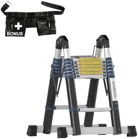 Double Telescopic Foldable 14.4 ft Extendable Multipurpose Anodized Aluminium Telescoping Ladder Step A-Frame Straight Rigid Big Hinge Model K4.4