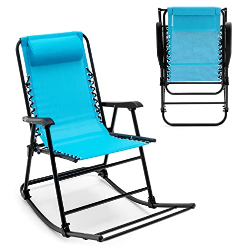 Goplus Folding Rocking Chair, Zero Gravity Rocking Camping Chair with Pillow & Armrests, Folding Lounge Rocker for Outdoor Beach Poolside Yard Garden Indoor