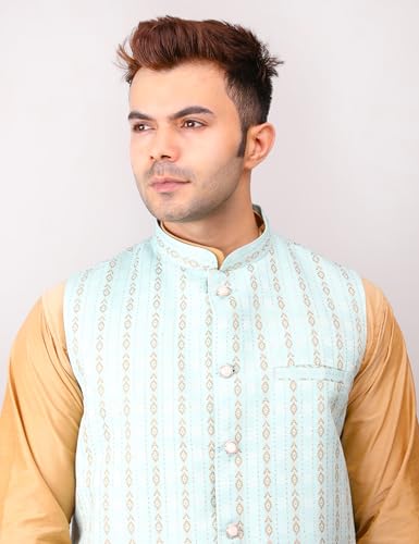 Image of Men's Cotton Silk Blend Regular Kurta Pyjama, Embroidered Nehru Jacket /Waistcoat Set