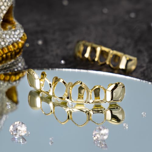 Grillz - Gold & Silver 6/8 Teeth Top & Bottom Grillz Set for Men and Women, 14K Gold Plated Teeth Caps for Halloween Costume Accessories2