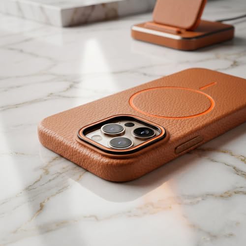 Image of amazon basics Luxury MagSafe Compatible Leather Texture Back Cover for iPhone 13 Pro | Raised Camera Protection | Slim Fit Shockproof Case with Metallic Accents (Orange)
