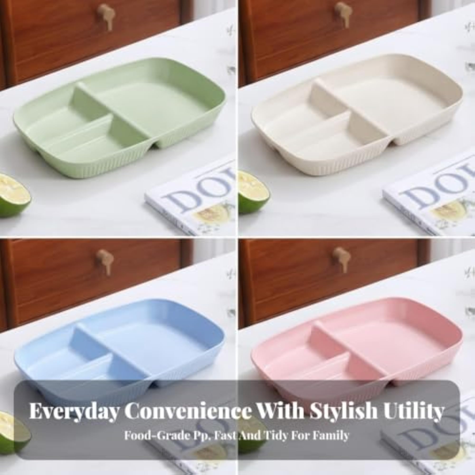 Rectangular Plate with Three Compartments Stackable Divided Plate