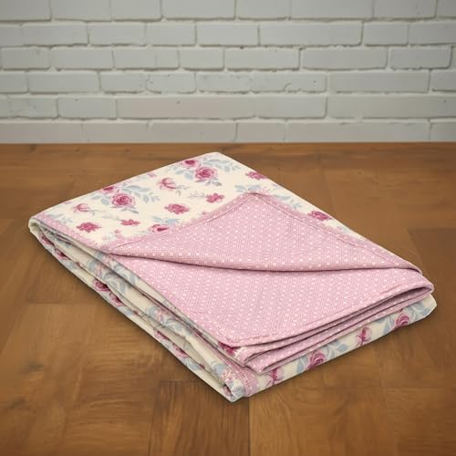 Image of HUESLAND 100% Cotton Reversible Dohar Single Bed Cotton | Soft Cambric Weave, Lightweight AC Blanket for Summer & All Weather Use | 56 x 89 inches, Floral Medley - Ivory & Pink