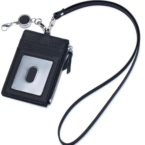 Leather Badge Holder with Lanyard, Lanyard Wallet for Women & Men, Leather Lanyards for id Badges, Women's ID Case with Zipper Pocket for Teacher Nurse Student (Black)