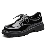 Black Oxford Shoes for Women Platform Chunky Lace-up Round Toe Patent Leather Shoes for Women's Classic Comfortable Business Casual Server Work Office Dress High Gloss Shoe for Ladies Black US 8
