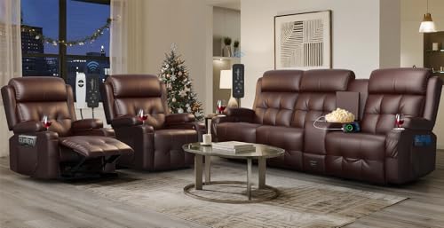 Image of Recliner Sofa Set, Home Theater Seating with Massage, Loveseat Recliner Couch and 2 Recliner Single Chairs with USB, Wall Hugger Reclining Movie Theater Chair with Cup Holders, Drawer for Gaming Room