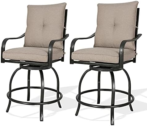 Rimba Outdoor Swivel Chairs Height Patio Counter Stools with Beige Cushions (Set of 2)