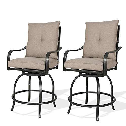 Rimba Outdoor Swivel Chairs Height Patio Counter Stools With Beige Cushions (Set Of 2) #TOP22