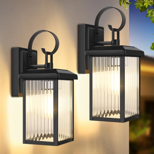 Image of BesLowe 2-Pack Outdoor Wall Light Fixtures with Fluted Glass, Black