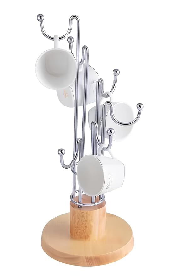 GLIVE (LABEL) Stainless Steel & Bamboo Mug Holder, Countertop Mug Tree with 6 Hooks, Coffee Cup Holder Stand, Cup Tree Holder for Dining Showcase Mug Holder Stand (1Pcs)