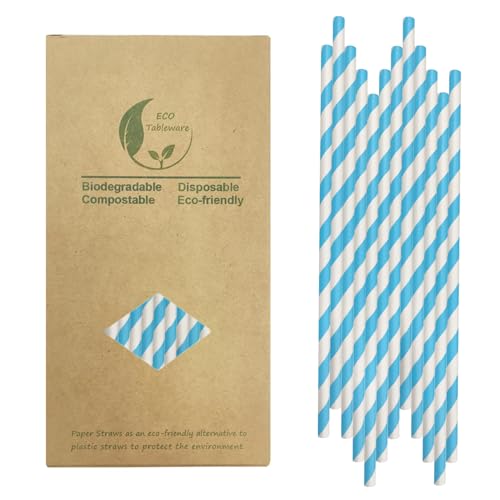 Bleu Rayées Pailles en Papier, Lot de 100 Biodégradable Bleu Blanc Pailles Jetables pour Boissons, Bar, Fête, Anniversaire, Mariage