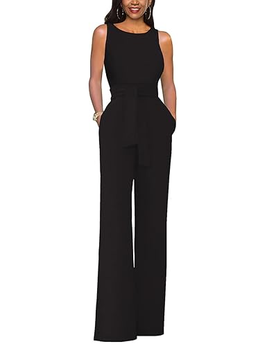 Women’s Sleeveless Belted High Waist Wide Leg Jumpsuits with Pockets