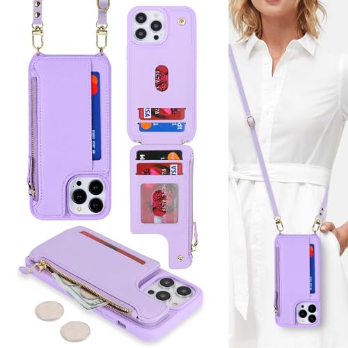 Étui iPhone 13 Pro Max anti-perte avec sangle bandoulière et portefeuille zippé violet