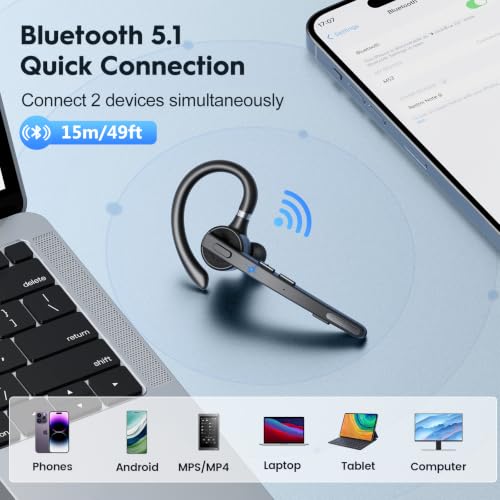 Image of Bluetooth Headset 72H Work Single-Ear Wireless Earpiece for Cell Phone Call | 2 Charging Ways & 500mAh Charging Case,Dual Mic ENC Noise Cancel, Mute Button,V5.1 Hands-Free for Phone and Laptop