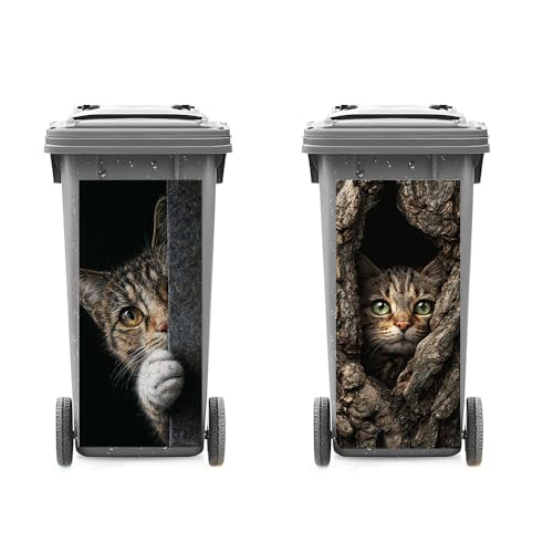 Image of 2 PC Trash Can Sticker 14.57 x 32.28 Inch Cat Peeking Tree Hollow Design Vinyl Sticker with Green Eye and Paw Pattern for Outdoor Garbage Bin Garden Yard Driveway Home Decor