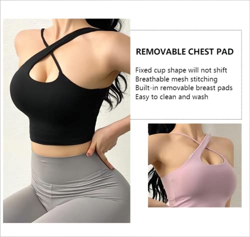 Sports Bra For Women, Criss-Cross Back Padded Strappy Sports Bras Medium Support Yoga Bra With Removable Cups Pink #TOP4