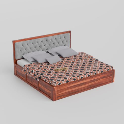 Image of Solid Sheesham Wood Queen Size Bed with Box Storage | Grey Upholstered Cushion Headboard | Wooden Double Bed for Bedroom | Palang /Cot /Mancham, Honey Finish