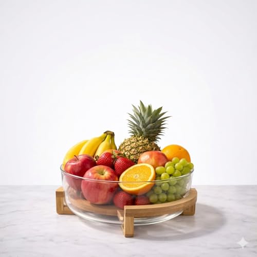 Image of Premium Glass Fruit Bowl with Natural Bamboo StandSet of 1, Large Modern Decorative Centerpiece for Kitchen Countertop Versatile Serving Bowl for Salads, Snacks, and Table Decor