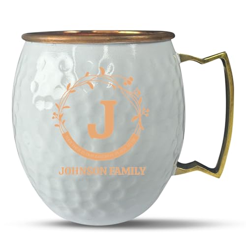 Custom Copper Moscow Mule with Hammered Painted Finish - Engraved Bar Style 100% Copper Cup with Together Initial Family Monogram Themed Engraving, Brass Handle | 18 oz, White