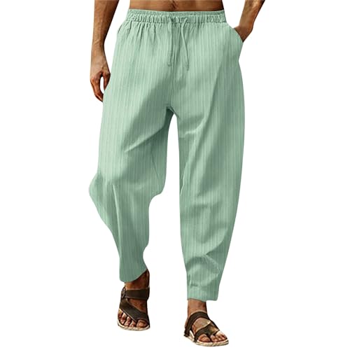 DuDubaby Men's Harem Stripe Casual Lightweight Loose Fit Beach Pants Cotton Linen Sweatpants with Elastic Waistband Trousers
