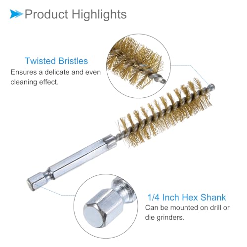 Image of Bore Brush, 15mm Dia 4 Inch Length, Brass Cleaning Wire Brushes with 1 /4 Inch Hex Shank - (Applications: for Power Drill, Die Grinder)