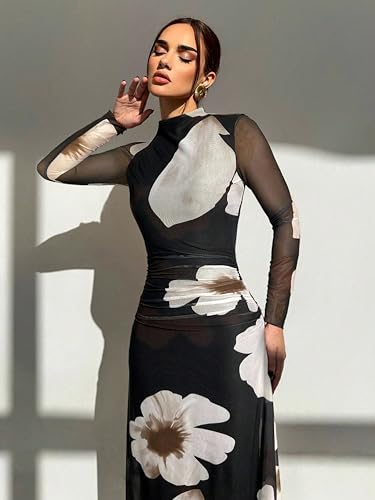 Image of Women's Bodycon Maxi Fashion Long Sleeve Floral Print Party Dresses