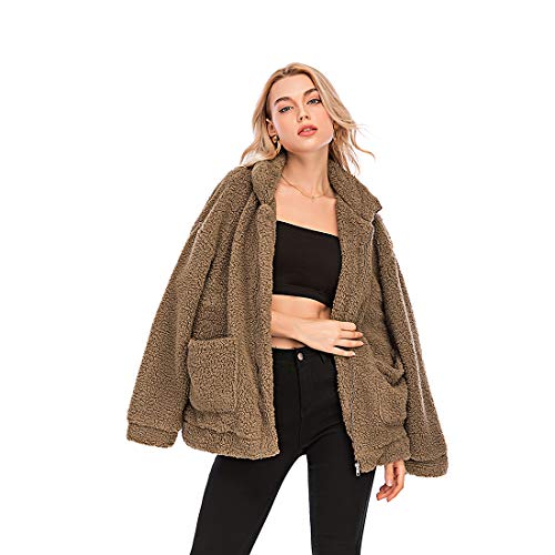 Women's Coat Casual Lapel Fleece Fuzzy Faux Shearling Zipper Coats Warm Winter Oversized Outwear Jackets (3X-Large, Camel)