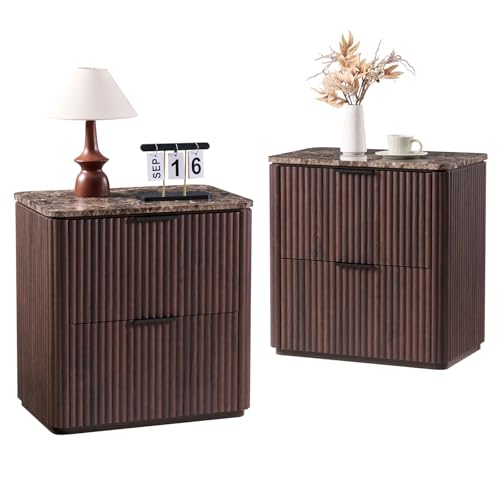 Image of Fluted Nightstand Set of 2, 23 inch W Night Stand with 2 Drawers, Wood Bed Side Table with Faux Marble-Top, Curved Corner, Metal Handle, Modern Bedside Table for Bedroom, Living Room, Office, Brown