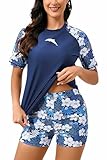 Halcurt Women Short Sleeve Rash Guard Set Swim Shirt Shorts Swimsuits with Sleeves Navy Floral L