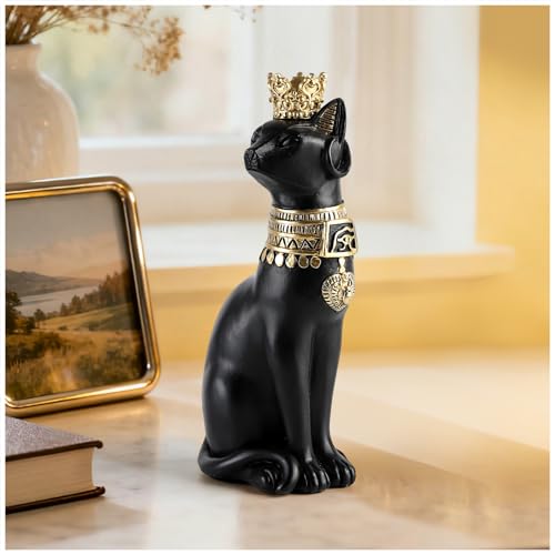 Magicsculp Statue de la déesse égyptienne Bastet – Décoration de chat noir avec détails dorés, décoration de l'Égypte antique pour salon, salle à...