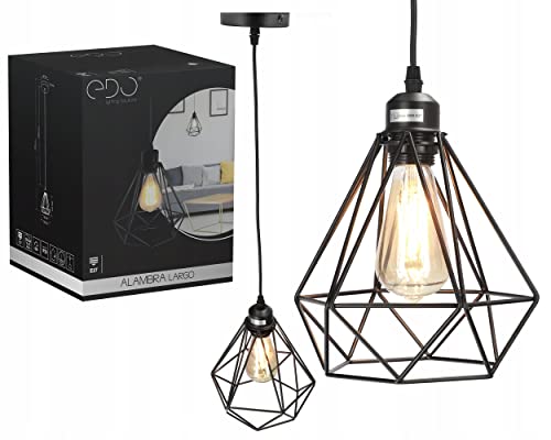 EDO Suspension ALAMBRA LARGO, Vintage, Rétro, lampe suspendue en acier et plastique noir, idéal pour Salon, Chambre, Café, Restaurent, Culot E27, Cage: 20x23, IP20, 230V EDO777193