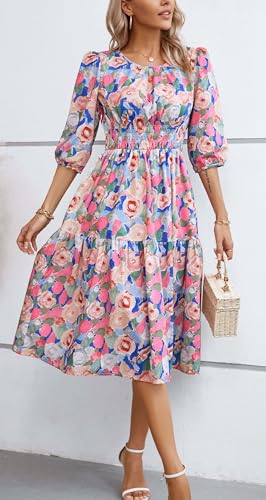 Image of Kormei Women Casual Boho Floral Round Neck 3 /4 Sleeve Smocked Waist Tiered A Line Flowy Swing Midi Dress Long Dresses