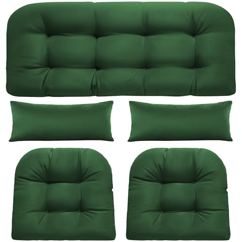 PITCTCHIC Wicker Chair Cushions of 5 Pieces, Waterproof Outdoor Loveseat Cushion for Wicker Furniture, 1 Love Seat Cushion, 2 U-Shape and 2 Lumbar Pillows for Patio Furniture (Green)