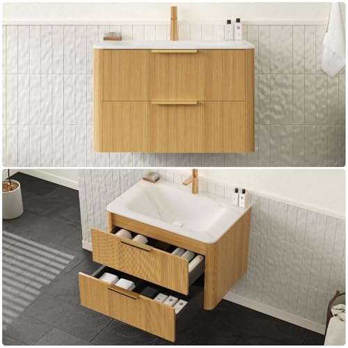 Image of 30 inch Wall-Mounted Bathroom Vanity Cabinet with Sink, Light Oak