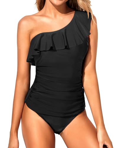 Yonique - Traje de baño de dos piezas para mujer, con un hombro, adelgazante - Negro - 18 Más